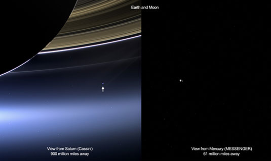 Shots of Earth and the Moon taken from Cassini and MESSENGER