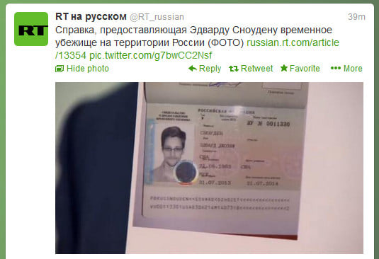 Edward Snowden&#39;s asylum documents. Source: RT