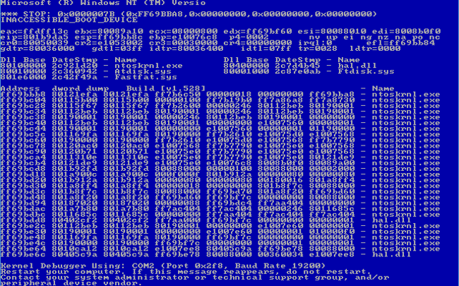 Windows NT blue screen of death