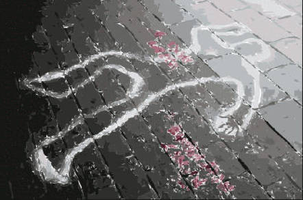 chalk outline of human body at crime scene