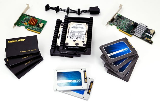 RAID test components - HDDs, SSDs and cards