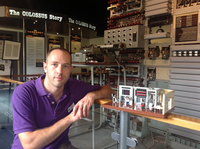 James Pegrum and his Lego Colossus at the National Museum of Computing