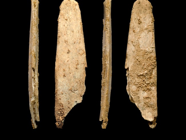 Four views of the most complete lissoir found during excavations at the Neandertal site of Abri Peyrony
