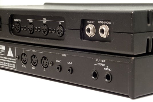 Yamaha TX7 and Roland MKs-50 tone module back panels showing MIDI interfacing and tape backup options