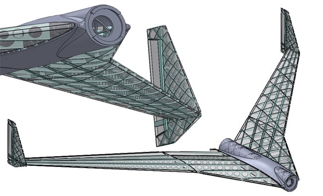 Unfinished CAD views of the Vulture 2 fuselage and wings