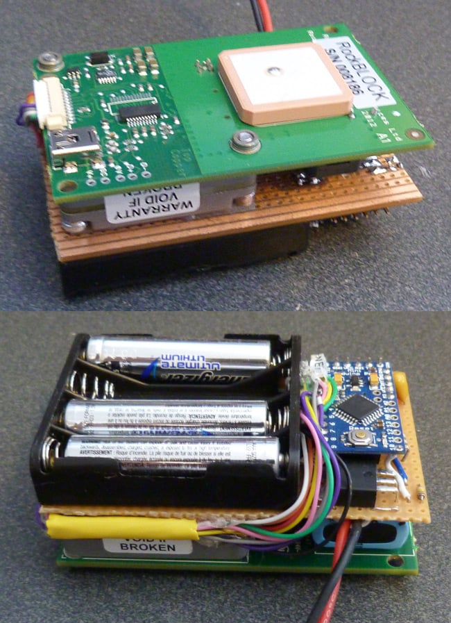 Top and bottom views of the RockBLOCK-Arduino sandwich