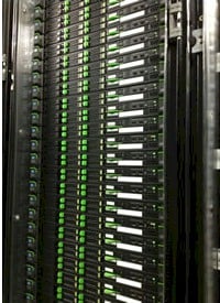 A rack of Primergy servers in a prefab data center at Yahoo! Japan