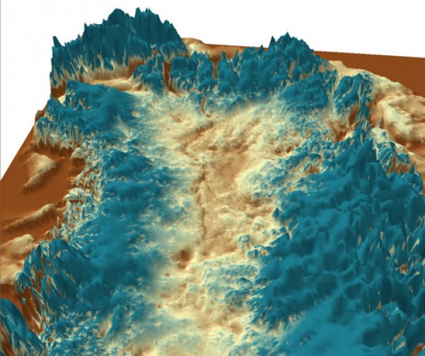 The canyon in a 3-D visualisation of the Greenland bedrock for the northern half of the island, looking north 