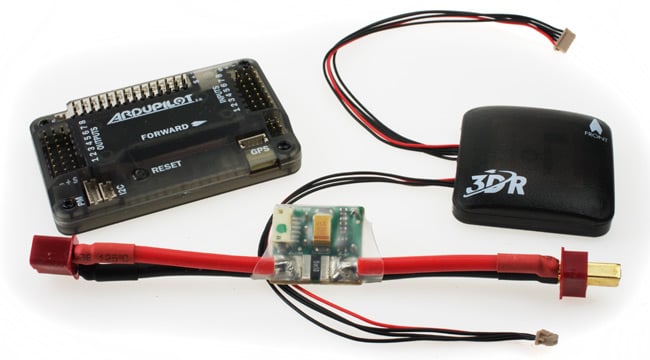 The Ardupilot Mega 2.6, with GPS unit and power supply