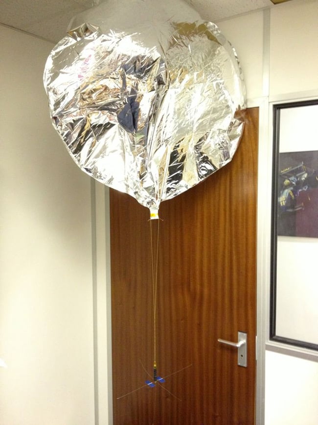 The payload slung under a foil party balloon