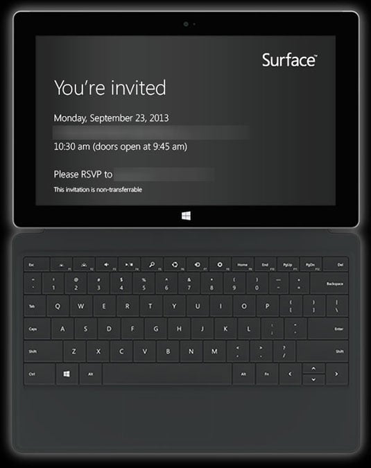 Invitation to Microsoft's Surface event on September 23