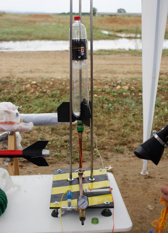 A water rocket on its launch platform