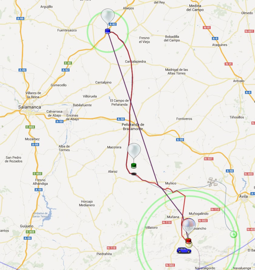 Map showing the track of the balloon