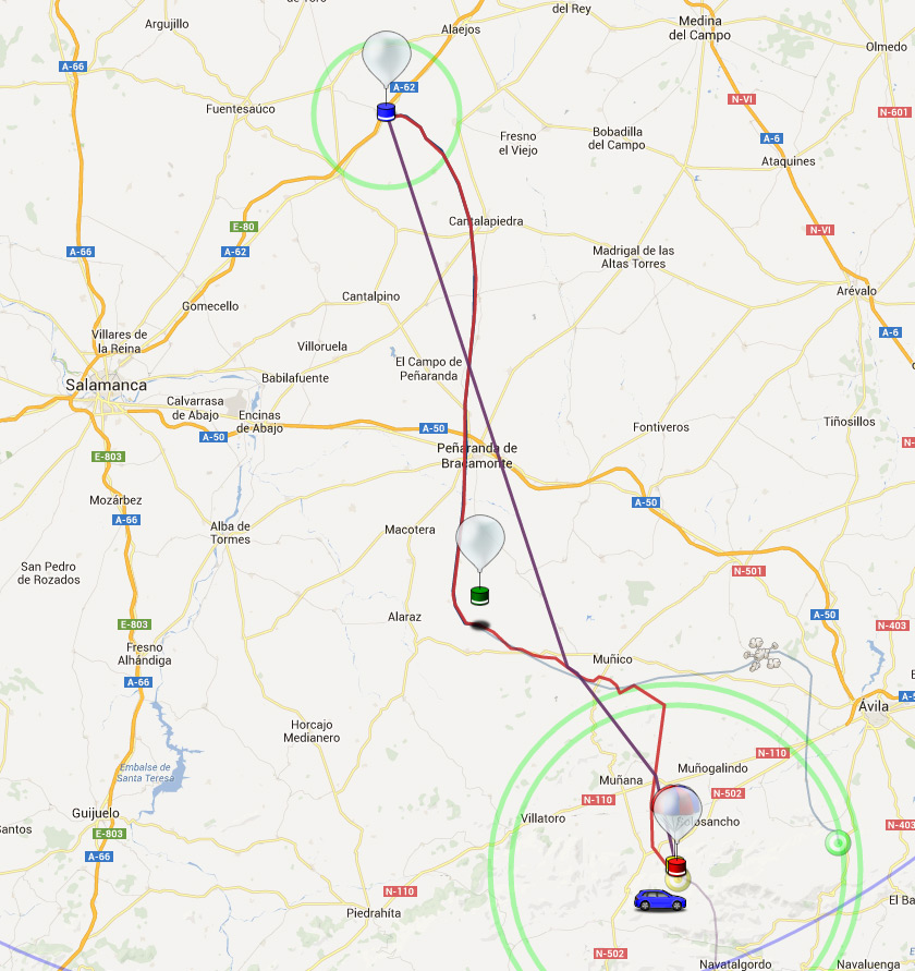 Map showing the track of the balloon