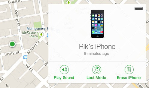 Screenshot of iCloud 'Find My iPhone' map showing location of Rik's iPhone