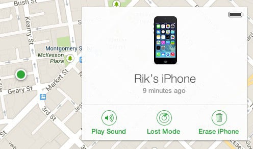 Screenshot of iCloud 'Find My iPhone' map showing location of Rik's iPhone