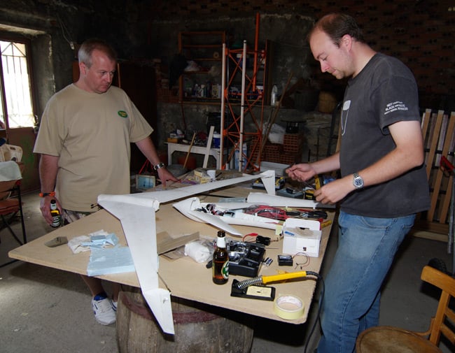 Rob Eastwood and Paul Shackleton contemplate the Vulture 2 inside the workshop