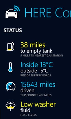 Screenshot of HERE driving companion showing statistics about the vehicle and its journey