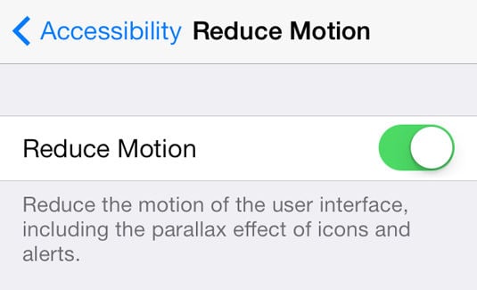 Reduce Motion toggle in iOS 7's Accessibility settings