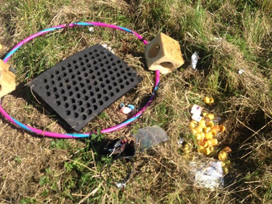 A photo of the payload on the ground, somewhat damaged