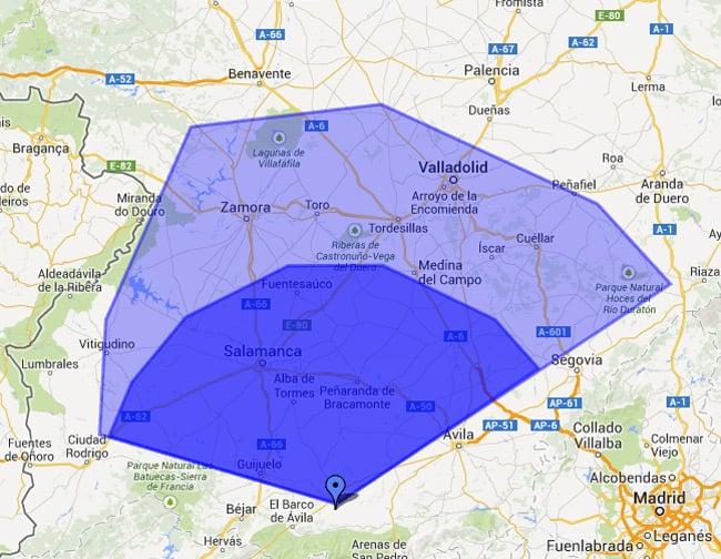 A map of central Spain showing our Vulture 2 landing areas