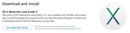 Screen shot from Apple's Developer website announcing that the Golden Master of OS X 10.9, aka Mavericks, is now available