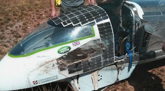 Cambridge University Eco Racing's 'Resolution' solar car after a nasty crash