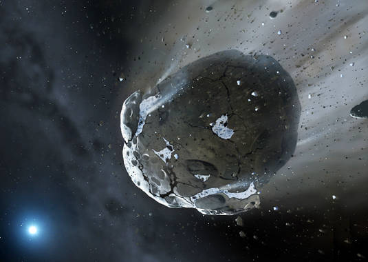 Artist's conception of a watery asteroid being torn apart white dwarf GD 61