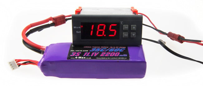 The thermostat and LiPO battery for our rocket motor heater