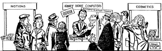 Cartoon of man selling 'Handy Home Computers' from Gordon Moore's seminal 1965 paper in Electronics Magazine