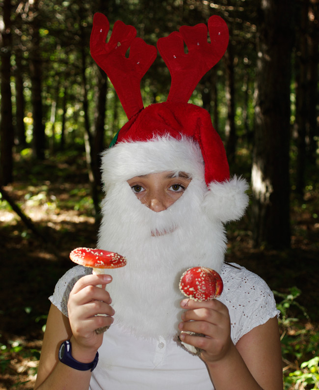 Kati dressed as Santa with reindeer horns, holding a couple of Amanita muscaria