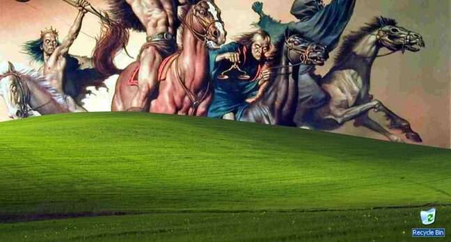 The Four Horsemen Apocalypse ride up the grassy mound that adorns the WinXP desktop