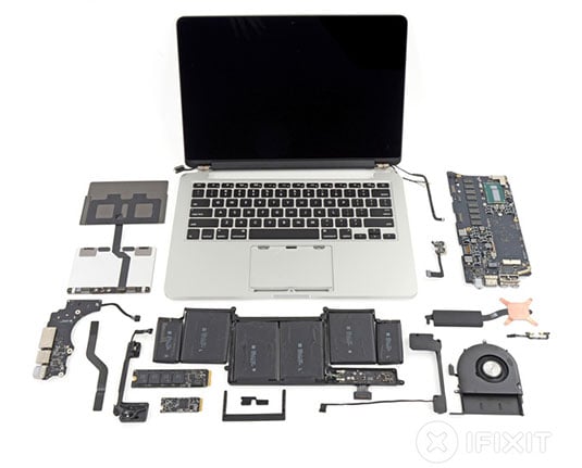 Photo of the 13-inch MacBook Pro with Retina display, disassembled