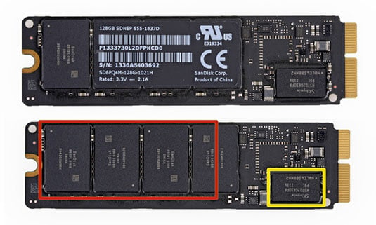  PCIe-based SSDs, as found in the latest MacBook Pros (front and back