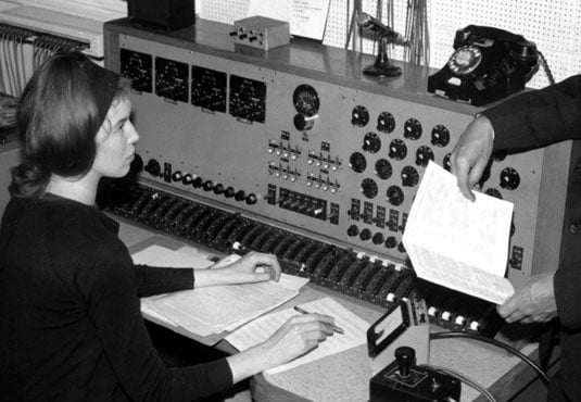 Delia Derbyshire behind the custom built 20-channel mixing desk