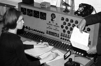 Delia Derbyshire behind the custom built 20-channel mixing desk