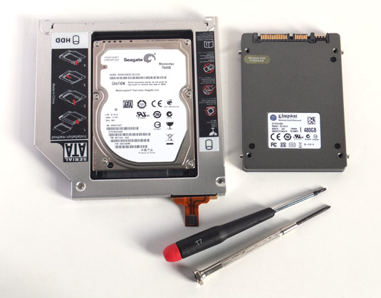 Seagate Momentus 750GB HDD in caddy with a Kingston HyperX 480GB SSD