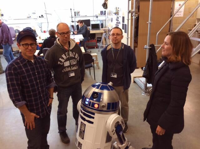 JJ Abrams, Lee Towersey, Oliver Steeples, Kathleen Kennedy and R2-D2