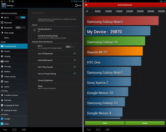 Kobo Arc 10HD reading mode and AnTuTu score