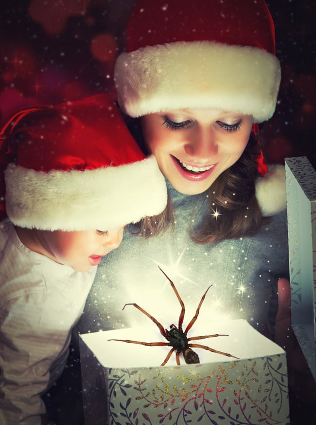 Two kids watching a really big spider emerging from a present