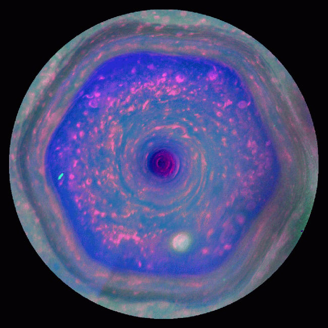 Cassini false-colour view of the six-sided storm. Pic: NASA