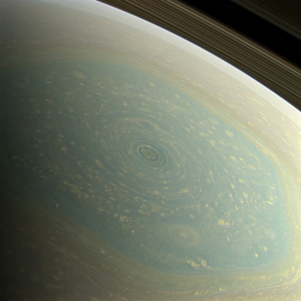 The hexagonal storm at Saturn's north pole as seen by Cassini in November 2012. Pic NASA