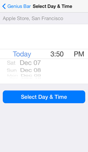 iOS 7 Apple Store app: Genus Bar scheduling screen