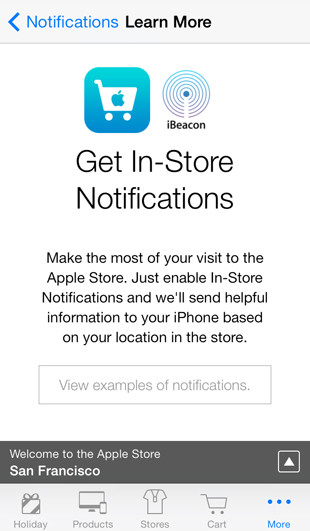 iOS 7 Apple Store app: iBeacon notification screen
