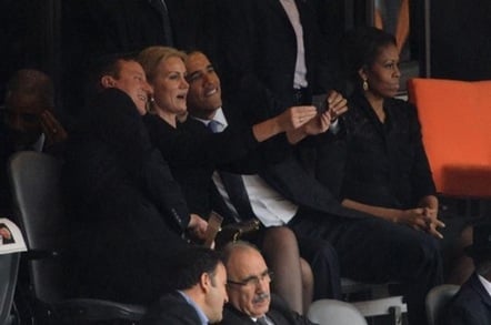 President Obama takes selfie at Nelson mandela's funeral