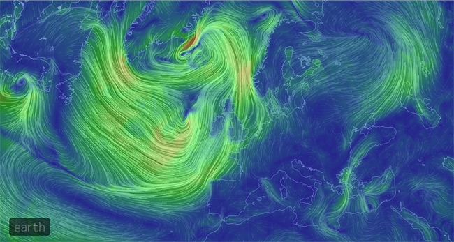 earth view of the wind over the North Atlantic at sea level