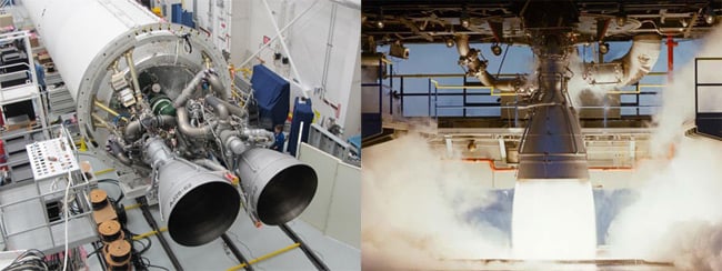 AJ-26 engines mounted on an Antares rocket, and an engine during test firing