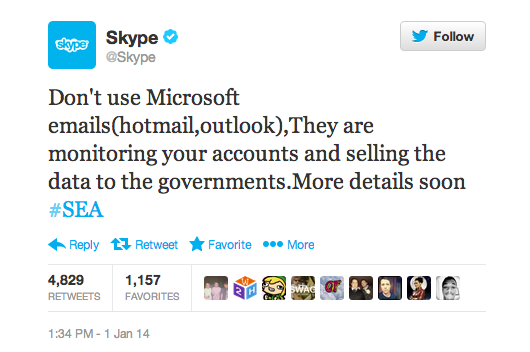 A Skype Tweet composed by a hacker