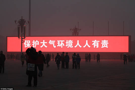 Sign in Beijing's Tiananmen Square saying 'Protecting atmospheric environment is everyone's responsibility'