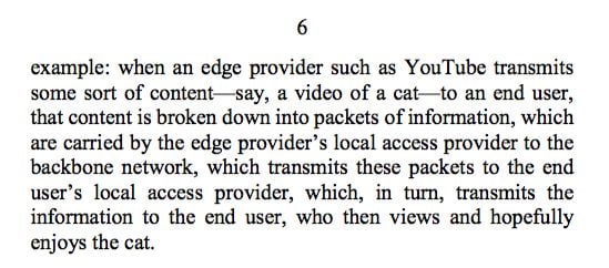 Quote from the judge: When an edge provider such as YouTube transmits some sort of content—say, a video of a cat—to an end user, that content is broken down into packets of information, which are carried by the edge provider’s local access provider to the backbone network, which transmits these packets to the end user’s local access provider, which, in turn, transmits the information to the end user, who then views and hopefully enjoys the cat.